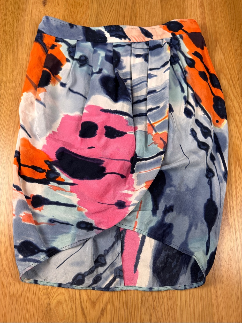BCBGMaxAzria Floral Watercolor Skirt - Coral, Navy, Light Blue Silk